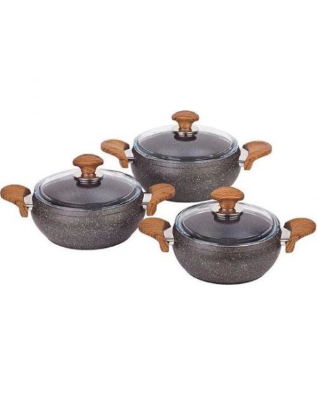 Özkent Güveç Granit 3'lü Tencere Set Gri Ahşap